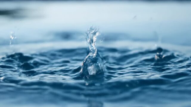 Powerful slow motion water splash with clear, crystalline droplets exploding upwards, filmed with a cinematic high-speed camera intensity, impact, refreshing