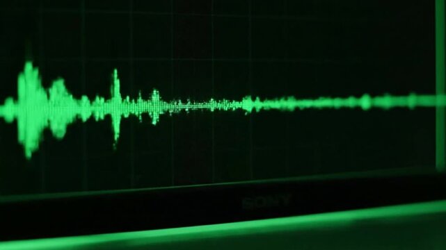 Audio Spectrum Analysis Digital Waveform on Screen Green Wave Visualizer Sony Monitor Electronic Sound Editing Vintage