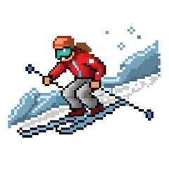 Obraz premium ixel Art Skier Character Sprite, 16-bit Winter Sports Athlete for RPG