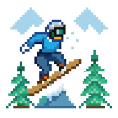 Fototapeta premium Pixel Art Snowboarder Sprite, 16-bit Extreme Winter Sports Character for RPG