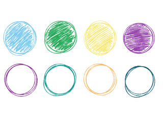 hand drawn scribble circles and rings vector graphic set playful, doodle aesthetic. scribbled, filled shapes and double-lined ring. or highlighting text, creating fun borders