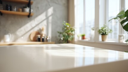 Modern kitchen interior with sunlight and green houseplants, concept for home lifestyle, cooking, and healthy living visuals