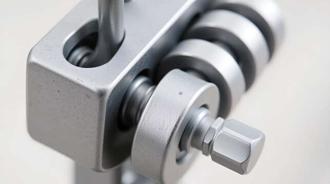 Close-up view of a metallic cable tensioner with a galvanized finish, showcasing its intricate design and robust construction.