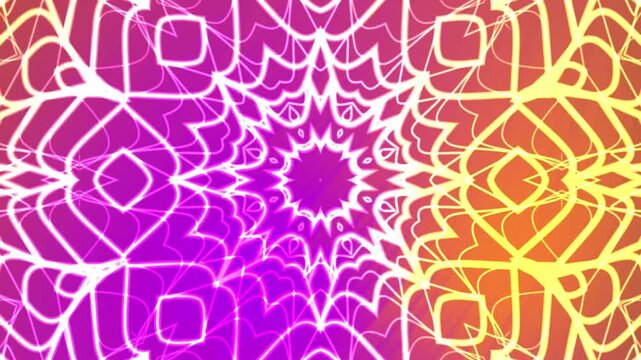 Abstracts Twirls Kaleidoscope A, Abstract neon glowing lines kaleidoscope with purple, yellow, and orange colors background,  Stock royalty free video.