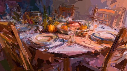 Artistic painting of a festive Thanksgiving dinner table with pumpkins, food, and family celebration atmosphere
