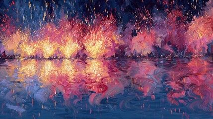 Festive night fireworks reflecting over water, bright abstract painting for celebration, holiday, and New Year visuals