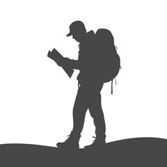 Explorer with Backpack Looking at Map Silhouette Outdoor Travel Navigation Adventure