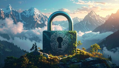 Conceptual image of a massive padlock on a mountain peak at sunrise, representing robust security, data privacy, and environmental protection in nature's vastness.