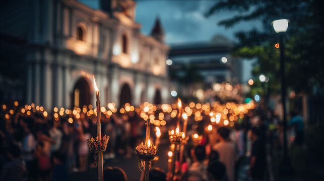 Large candlelight procession of faithful outside Catholic church during night Feast of Francis Xavier celebration with prayer, devotion, and tradition