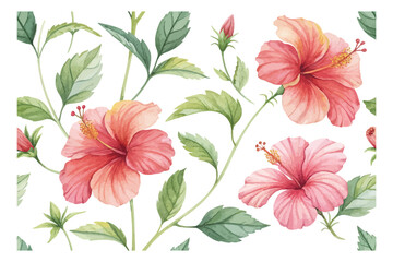 Watercolor Seamless Pattern with Tropical Hibiscus Flowers 