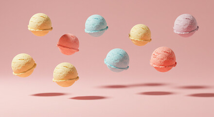 Fototapeta premium Assortment of colorful pastel ice cream cones floating against a pink background