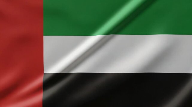 The flag of the United Arab Emirates (UAE) waving in a realistic, seamless loop. This animation is great for projects related to the UAE, Dubai, Abu Dhabi, or Middle Eastern events and culture