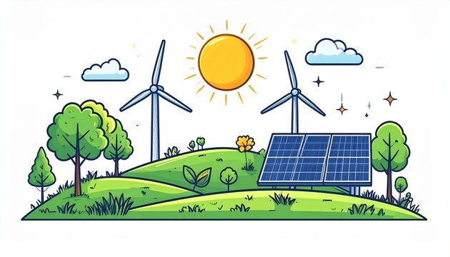 Green energy landscape with wind turbines and solar panels under a bright sun, sustainable future illustration, renewable power concept - Powered by Adobe