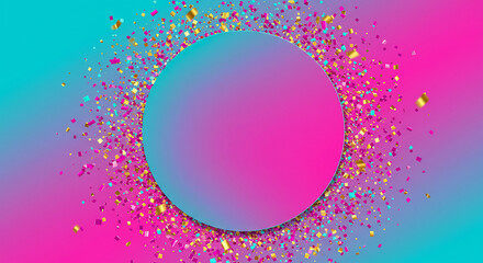 Oval frame of sparkling iridescent glitter on a vibrant pink and teal gradient background