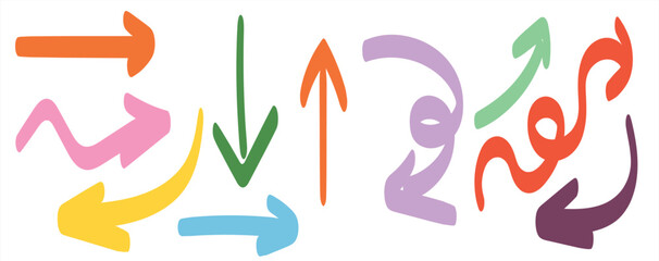 Colorful Pastel Arrow Set | Hand-Drawn Directional Symbols & Curved Vector Arrows on White Background