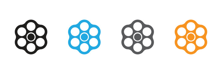 Explore diverse design possibilities with these bold revolver cylinder icons presented in black, blue, grey, and orange, perfect for impactful visual statements.