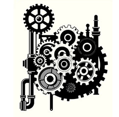 Steampunk Mechanism: Intricate gear mechanism illustration, showcasing mechanical engineering design in striking black and white, symbolizing industry and innovation.