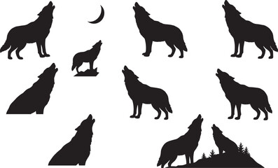 Wolf silhouette howling at moon, wild animal poses, forest background, night scene vector illustration, wilderness theme for nature, wildlife, and fantasy