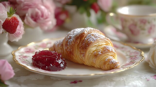 Blooming Breakfast Croissant and rose jam on floral plate with floral decor.