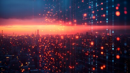 Cityscape digital data flow over sunset with futuristic concept.