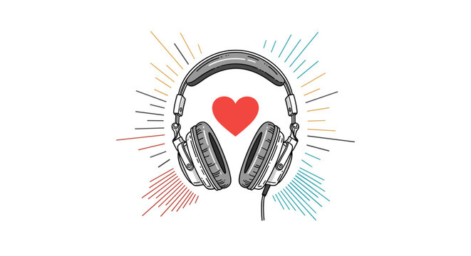 Vintage headphones with a bright red heart and radiating colorful lines symbolize a love for music and sound.