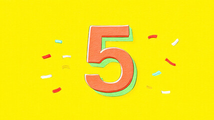 Bright and colorful number five against a yellow background with playful confetti details for a festive atmosphere