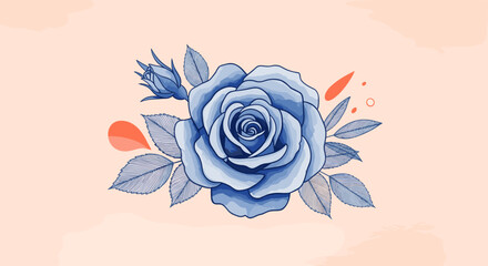 A delicate blue rose with scattered petals set against a soft peachy background.