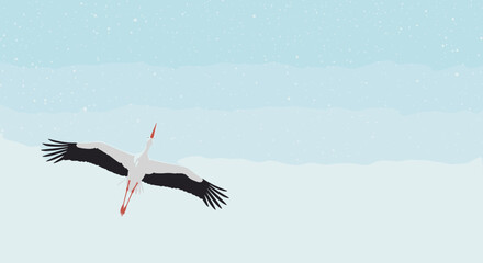 A majestic white stork soars gracefully through the winter sky with its wings outstretched and visible snow falling gently around it.