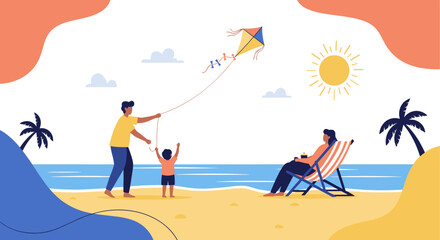 A family enjoys a sunny day flying a kite on the beach with the ocean in the background.