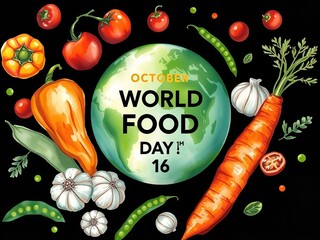 Colorful World Food Day Illustration Featuring Vegetables and the Globe on Black