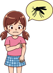 Cartoon girl mosquito bite, child scratching itchy skin, insect bite allergy reaction, worried kid illustration, mosquito disease prevention, bug bite, health problem