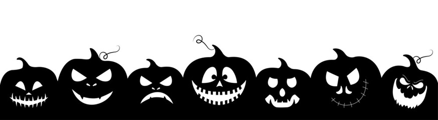 Halloween pumpkin seamless banner. Spooky squash lanterns silhouettes, scary jack-o-lanterns halloween flat vector background illustration. Halloween holiday party endless poster
