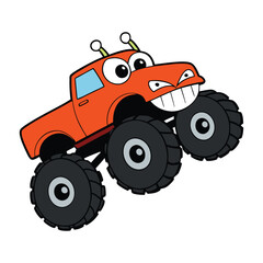 A colorful cartoon monster truck soars high in the air, wheels spinning, dirt flying, capturing the thrill of an epic jump full of fun and action-packed excitement!
