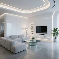Modern Interior: A contemporary living space with sleek, minimalist design features a large, comfortable sofa, modern media center, and elegant decorative touches.