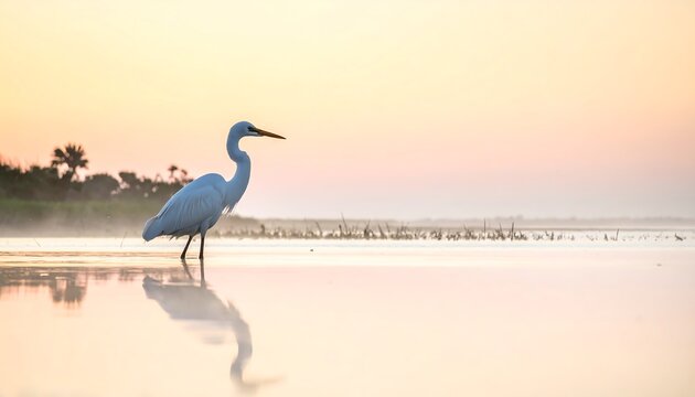 Serene sunrise; graceful bird wading shallow water, reflecting