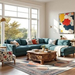Stylish Living Room: A bright, airy living space showcasing a modern teal sectional sofa adorned with decorative pillows, a detailed wooden coffee table, and a vibrant piece of artwork.