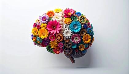 Dual hemispheres of a brain with vibrant flowers symbolizing creativity and intricate gears for logic on white.