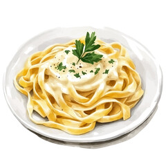 watercolor vector of Fettuccine Alfredo, isolated on a white background.