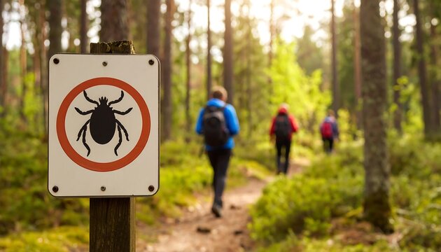 Forest path with warning sign about ticks. Hikers walking away