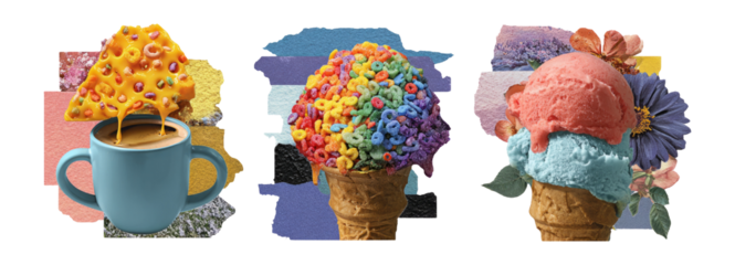 Colorful Ice Cream Collage with Floral Elements and Fun Cutout Style