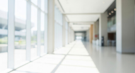 Bright Modern Office Building Hallway Interior with Large Windows