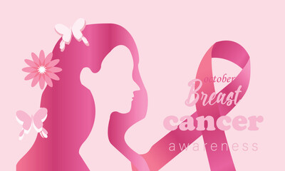 Woman reflecting on breast cancer awareness with pink ribbon