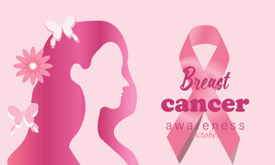 Pink ribbon and silhouette of woman for breast cancer awareness