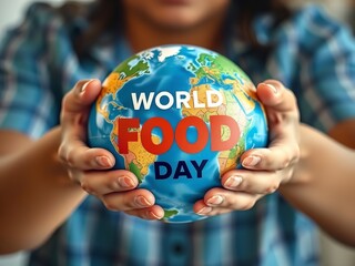 Hands Holding Globe Featuring "World Food Day" Text, Illustrating Food Security