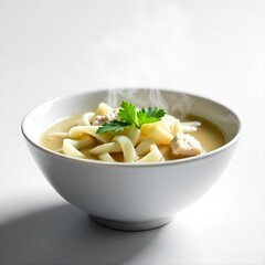  ceramic bowl noodle brimming with a steaming, appetizing chicken noodle soup against a plain white background.
