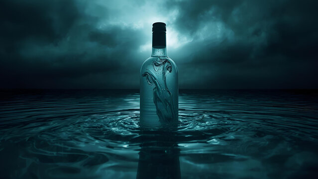 creative wine alcohol bottle in a clear glass bottle in the water on a cloudy day, ai