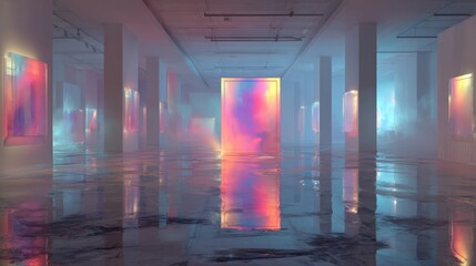 Abstract Neon Corridor: An evocative art installation, illuminated by vibrant neon lighting, creates an ethereal corridor of colors and reflections.