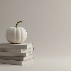 White pumpkin sits atop a stack of books in a minimalist studio setting, creating a serene and autumnal mood.