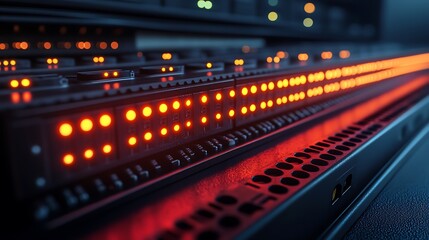 Server Rack Detail with Data Center, Technology, Network, and Data.