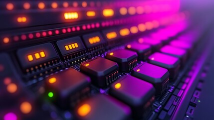 Server Rack Detail  Data Center with Technology, and Purple Lights.